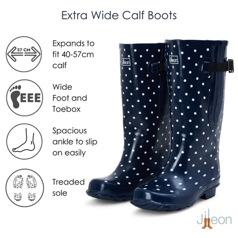 Extra Wide Calf Navy Spotty Wellies - Wide in Foot and Ankle - Fit 40-57cm Calf - Jileon Wellies