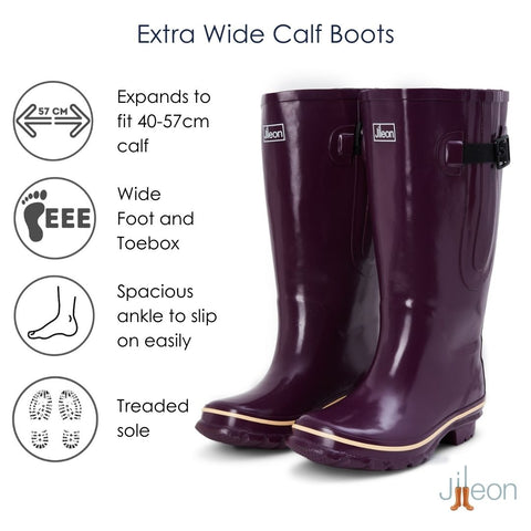 Extra Wide Calf Purple Wellies -Fit 40-57cm Calf- Wide in Foot & Ankle - Jileon Wellies