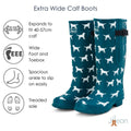 Extra Wide Calf Teal Dog Wellies - Fit 40-57cm calf - Wide in Foot and Ankle - Jileon Wellies