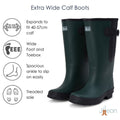 Extra Wide Calf Wellies -Green - Wide in Foot and Ankle - Fit 40-57cm Calf - Jileon Wellies