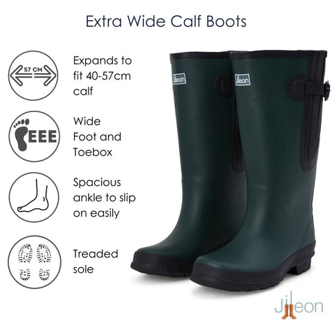 Extra Wide Calf Wellies -Green - Wide in Foot and Ankle - Fit 40-57cm Calf - Jileon Wellies