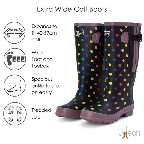 Extra Wide Fit Polka Dot Wellies - Wide in Foot and Ankle - Fit 40-57cm Calf