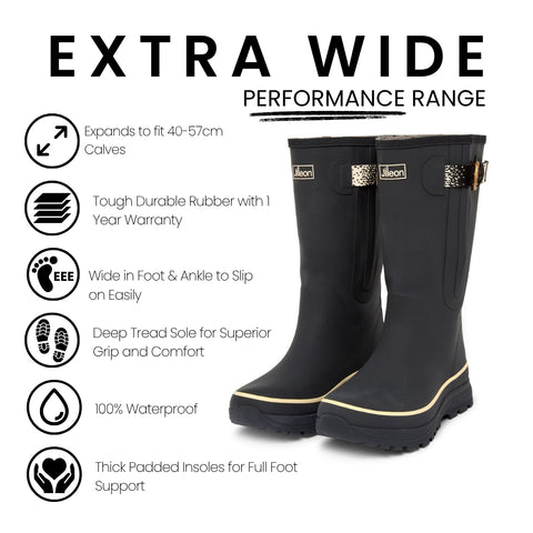Extra Wide Calf Performance Black Wellies - Wide in Foot and Ankle - Fit 40-57cm Calf