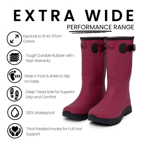 Extra Wide Calf Performance Wellies -Raspberry - Wide Foot & Ankle - Fit 40-57cm Calf