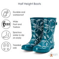 Half Height Teal Leaves Wellies - Wide Foot and Ankle