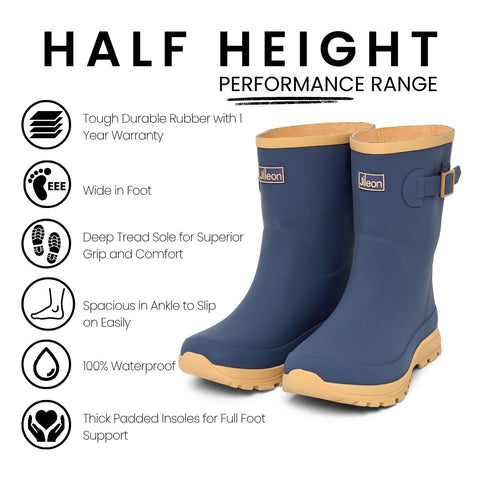 Half Height Oxford Blue Performance Wellies - Wide Foot & Ankle