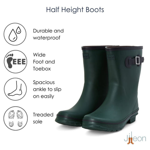Half Height Dark Green Wellies - Wide Foot & Ankle - Jileon Wellies