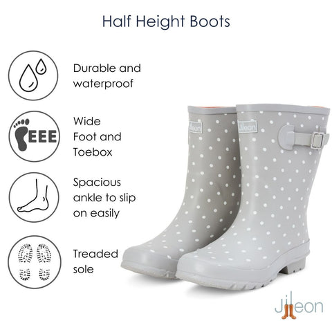 Half Height Grey Spotted Wellies - Wide Foot and Ankle - Jileon Wellies