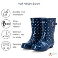 Half Height Navy Spot Wellies - Wide Foot & Ankle - Jileon Wellies