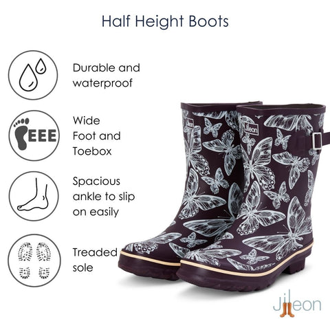 Half Height Purple Butterfly Wellies - Wide Foot and Ankle - Jileon Wellies