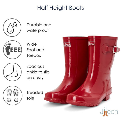 Half Height Red Glossy Wellies - Wide Foot and Ankle - Infographic