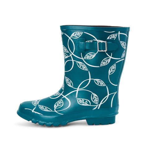 Half Height Teal Leaves Wellies - Wide Foot and Ankle - Jileon Wellies