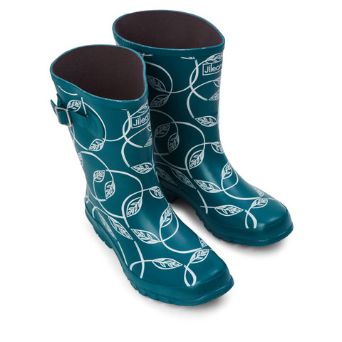 Half Height Teal Leaves Wellies - Wide Foot and Ankle - Jileon Wellies