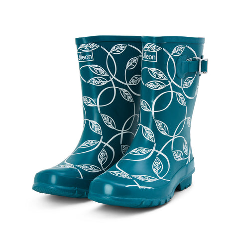 Half Height Teal Leaves Wellies - Wide Foot and Ankle - Jileon Wellies