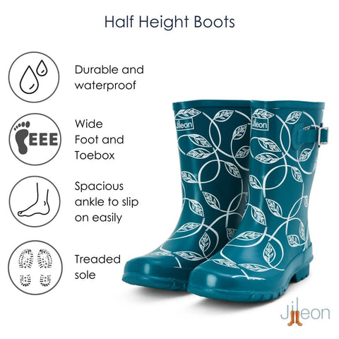 Half Height Teal Leaves Wellies - Wide Foot and Ankle - Jileon Wellies