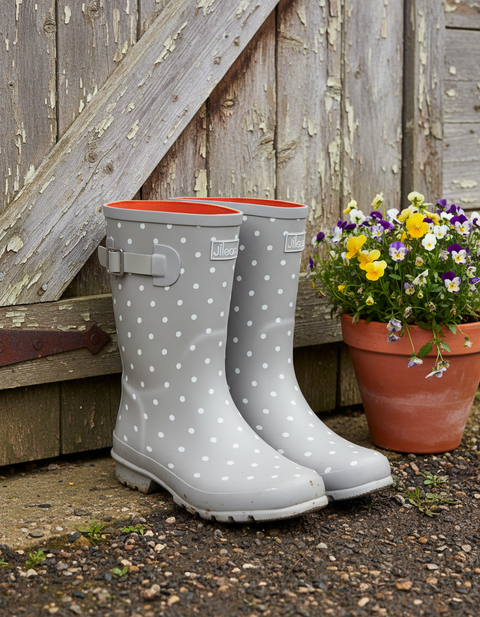 Half Height Grey Spotted Wellies - Wide Foot and Ankle