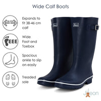 Wide Calf Wellies - Navy with Cream Trim - Wide in Foot & Ankle - Fit 37 to 46cm Calf