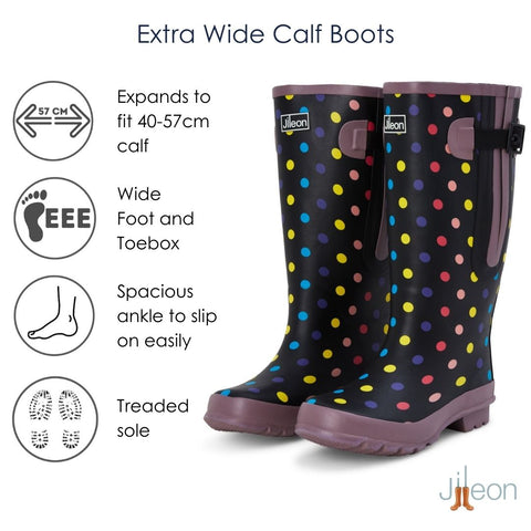Extra Wide Fit Polka Dot Wellies - Wide in Foot and Ankle - Fit 40-57cm Calf