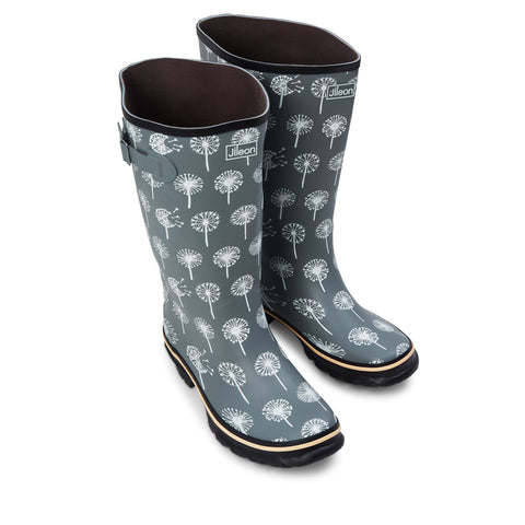Wide Calf Grey Dandelion Wellies for Women - Wide in Foot and Ankle - 37 to 46cm Calf - Jileon Wellies