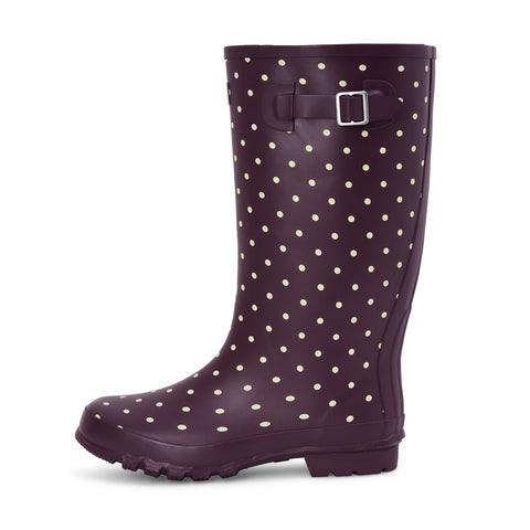 Wide Calf Purple Cream Spot Wellies for Women - Wide in Foot and Ankle - 37 to 46cm Calf - Jileon Wellies