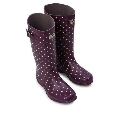 Wide Calf Purple Cream Spot Wellies for Women - Wide in Foot and Ankle - 37 to 46cm Calf - Jileon Wellies
