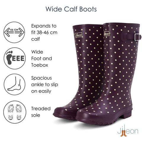 Wide Calf Purple Cream Spot Wellies for Women - Wide in Foot and Ankle - 37 to 46cm Calf - Jileon Wellies