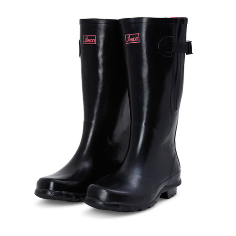 Wide Calf Wellies - Black Glossy - Regular Fit in Foot and Ankle - 37 to 49cm Calf - Jileon Wellies