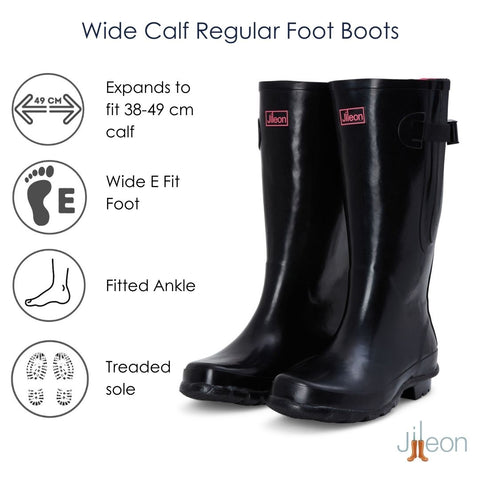 Wide Calf Wellies - Black Glossy - Regular Fit in Foot and Ankle - 37 to 49cm Calf - Jileon Wellies