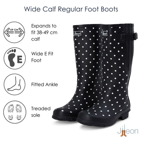 Wide Calf Wellies - Black Spot - Regular Fit in Foot and Ankle - Fit 37 to 49cm Calf - Jileon Wellies