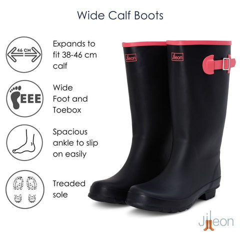 Wide Calf Wellies - Black with Hot Pink Trim- Wide in Foot and Ankle - 37 to 46cm Calf - Jileon Wellies