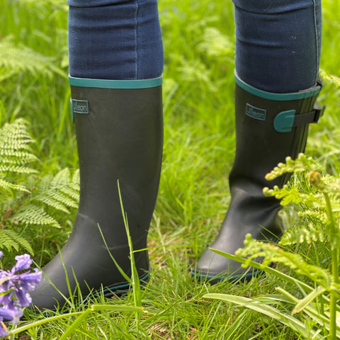 Wide Calf Wellies - Black with Teal Trim - Regular Fit in Foot and Ankle - 37 to 49cm Calf - Jileon Wellies