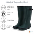 Wide Calf Wellies - Green with Black Trim - Regular Fit in Foot and Ankle - 37 to 49cm Calf - Jileon Wellies