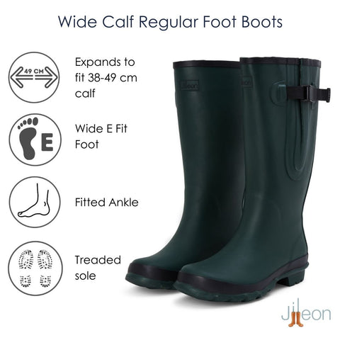 Wide Calf Wellies - Green with Black Trim - Regular Fit in Foot and Ankle - 37 to 49cm Calf - Jileon Wellies