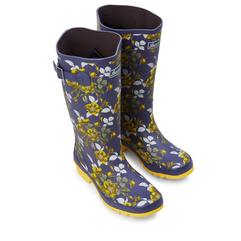 Wide Calf Wellies - Yellow Floral - Wide in Foot and Ankle - 37 to 46cm Calf - Jileon Wellies