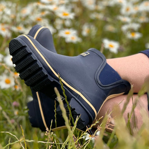 Ankle Wellies - Navy Blue with Cream Trim - Wide Foot - Jileon Wellies