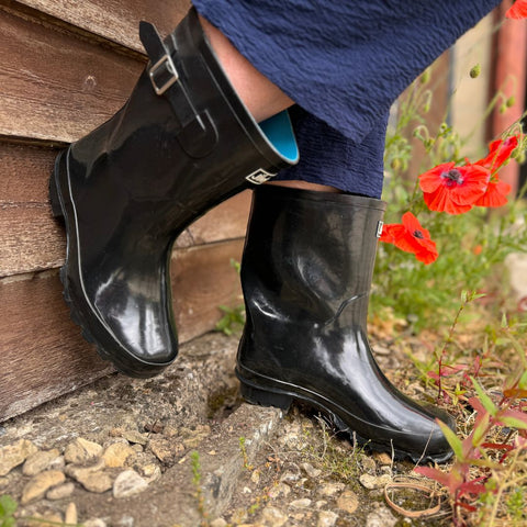 Half Height Black Glossy Wellies - Wide Foot and Ankle - Jileon Wellies