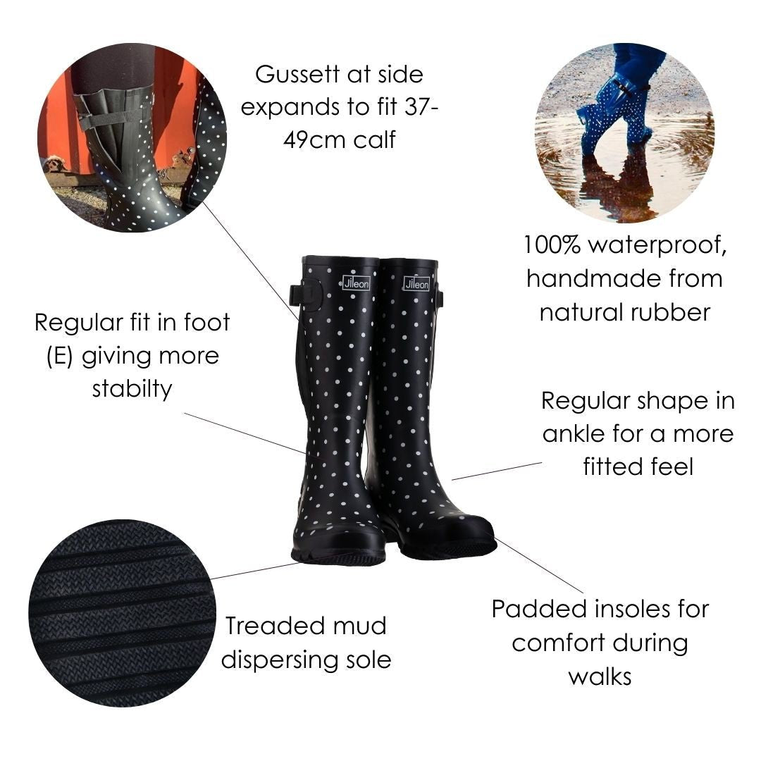 Wide Calf Wellies Black with Teal Trim Regular Fit in Foot and Ank Jileon Wellies