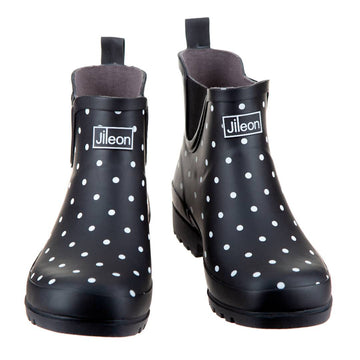 Ankle Wellies - Black and White Spot - Wide Foot - Jileon Wellies