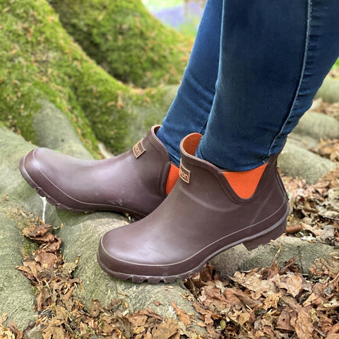 Ankle Wellies - Chocolate and Orange Trim - Wide Foot - Jileon Wellies