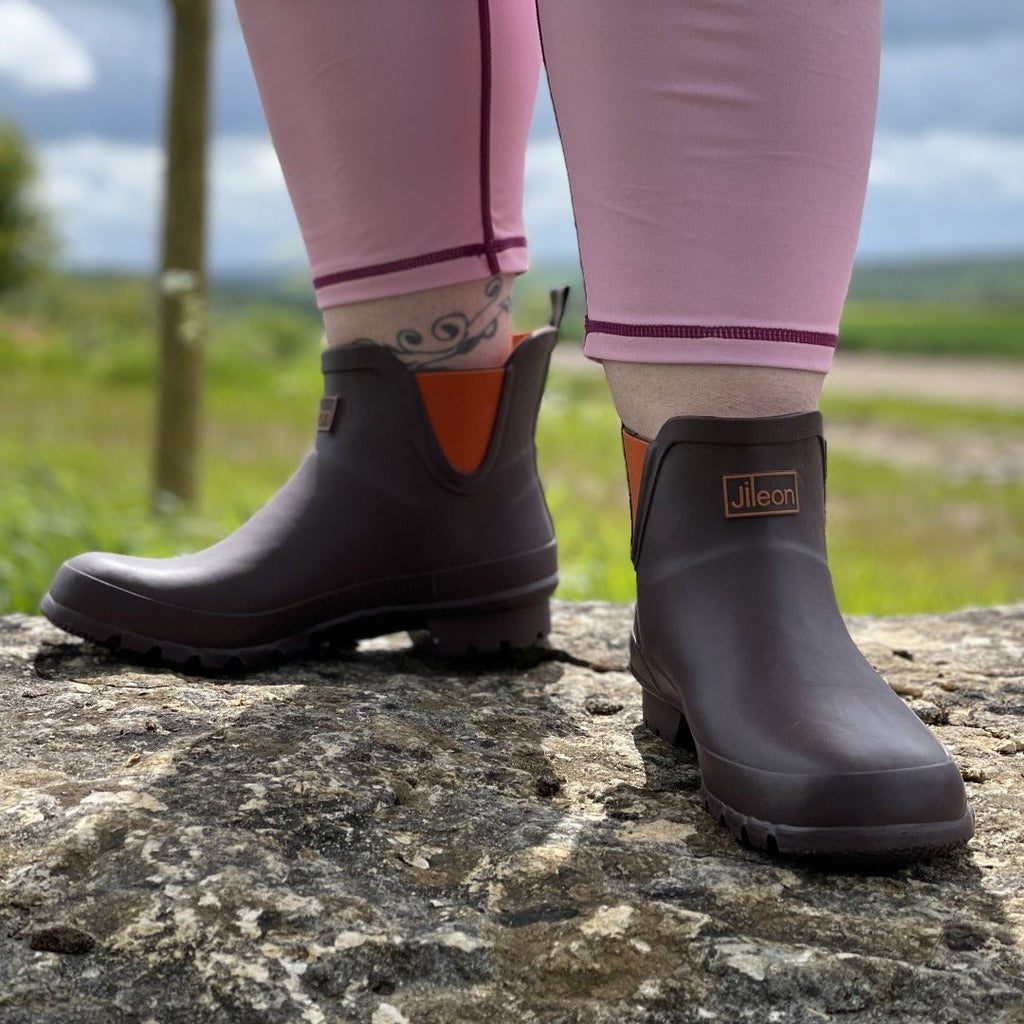 Ankle Wellies - Chocolate and Orange Trim - Wide Foot - Jileon Wellies