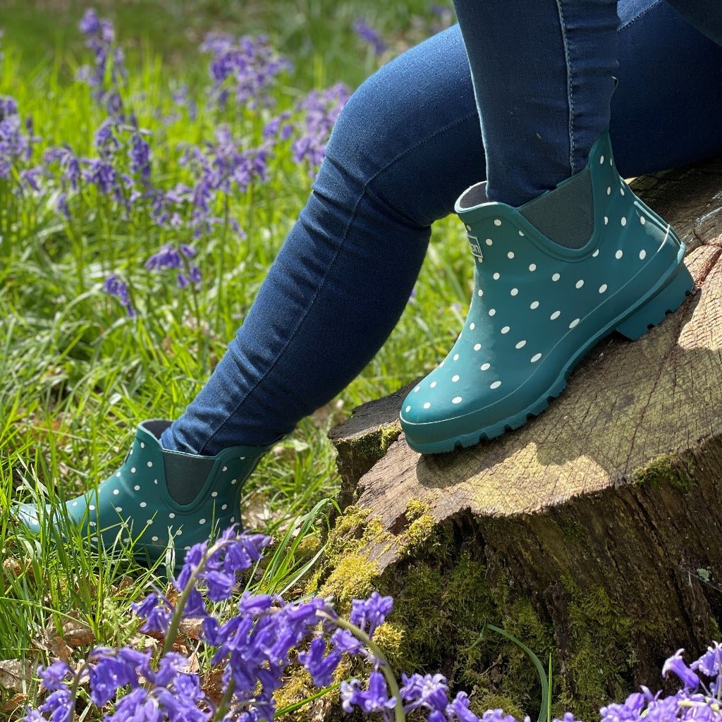 Ankle Wellies - Teal with White Spots - Wide Foot - Jileon Wellies