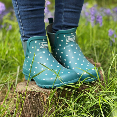 Ankle Wellies - Teal with White Spots - Wide Foot - Jileon Wellies