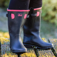 Extra Wide Calf Black Wellies with Hot Pink Trim - Wide in Foot & Ankle - Fit 40-57cm Calf - Jileon Wellies