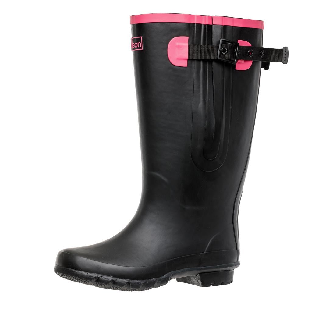 Extra Wide Calf Black Wellies with Hot Pink Trim - Wide in Foot & Ankle - Fit 40-57cm Calf - Jileon Wellies
