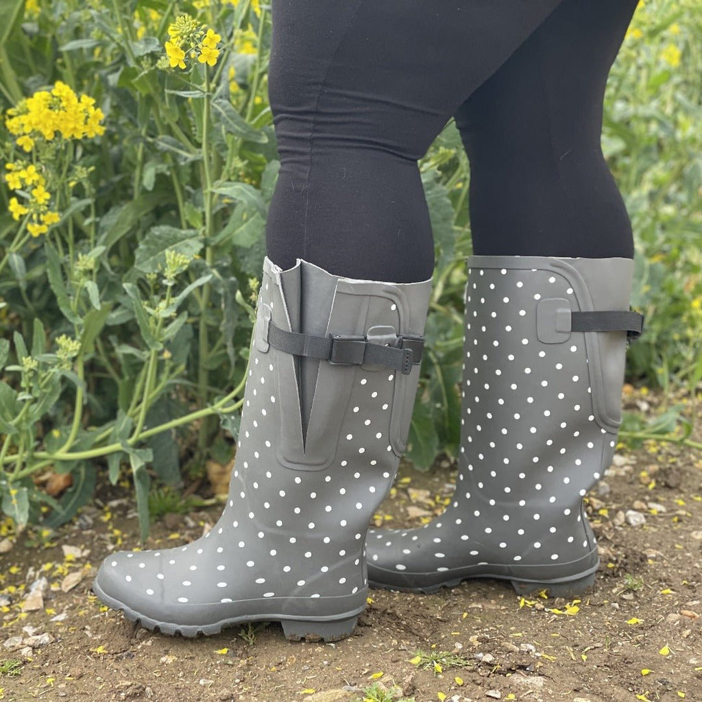 Extra Wide Calf Grey Spotty Wellies - fit up to 50cm calf - Wide in Foot and Ankle - Jileon Wellies