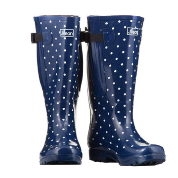 Extra Wide Calf Navy Spotty Wellies - Wide in Foot and Ankle - Fit 40-57cm Calf - Jileon Wellies