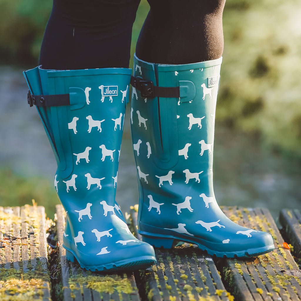 Extra Wide Calf Teal Dog Wellies - Fit 40-57cm calf - Wide in Foot and Ankle - Jileon Wellies