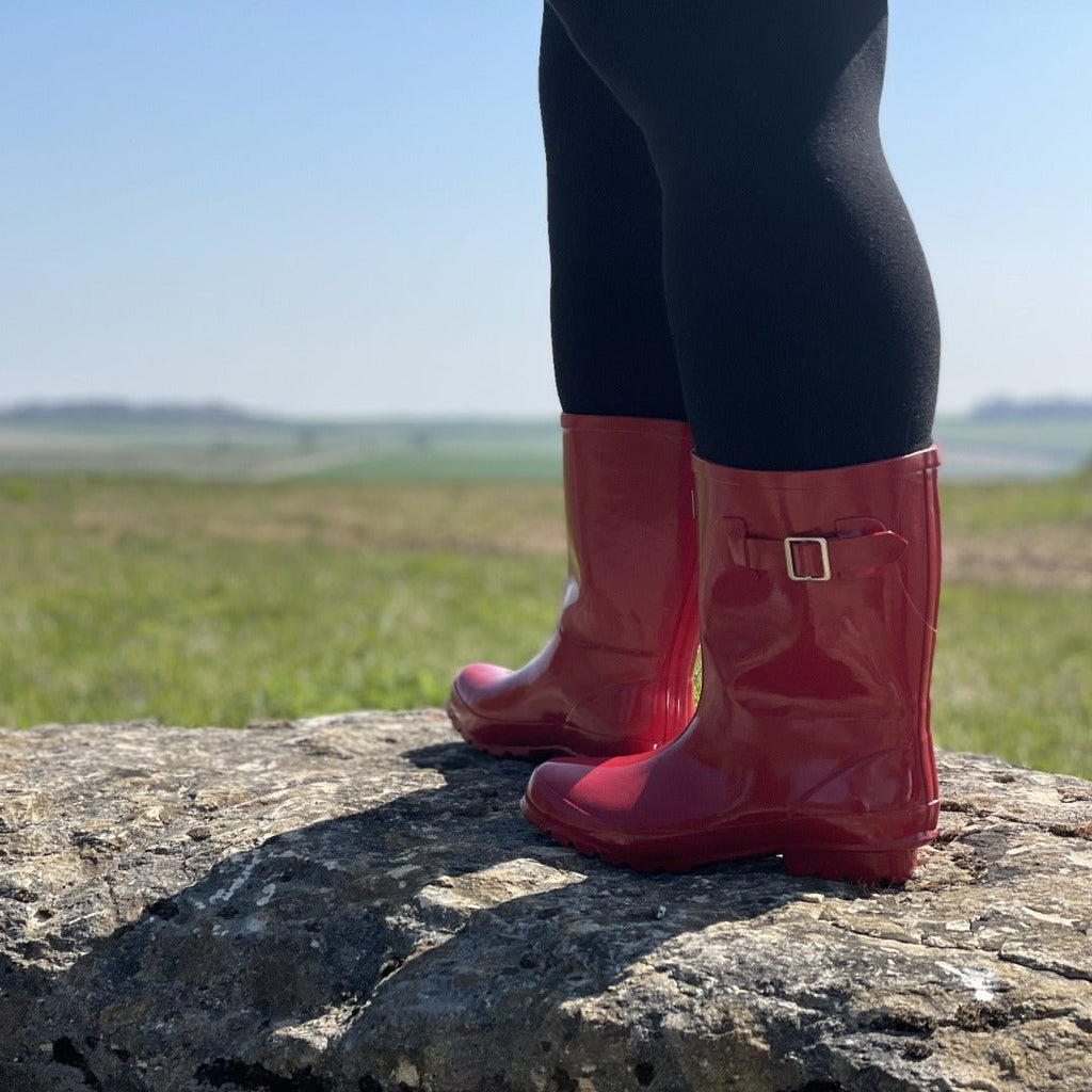 Half Height Red Glossy Wellies - Wide Foot and Ankle - Jileon Wellies