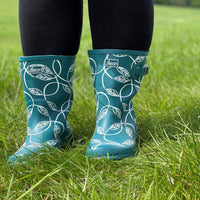 Half Height Teal Leaves Wellies - Wide Foot and Ankle - Jileon Wellies