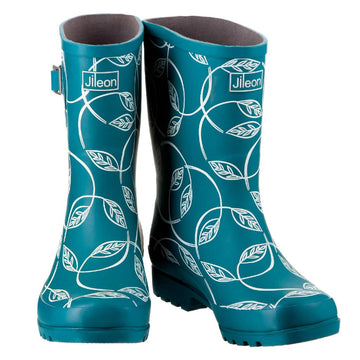 Half Height Teal Leaves Wellies - Wide Foot and Ankle - Jileon Wellies